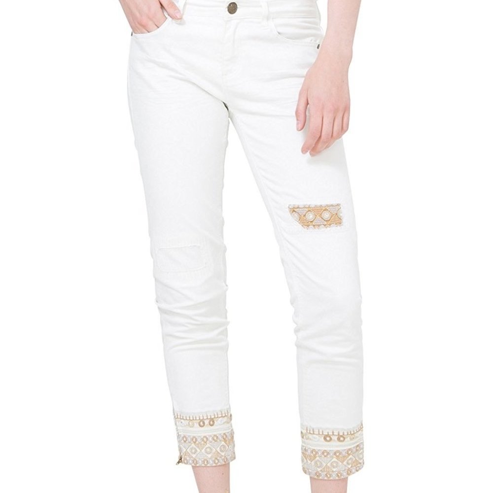 Desigual white pants with gold embroidery, size 28